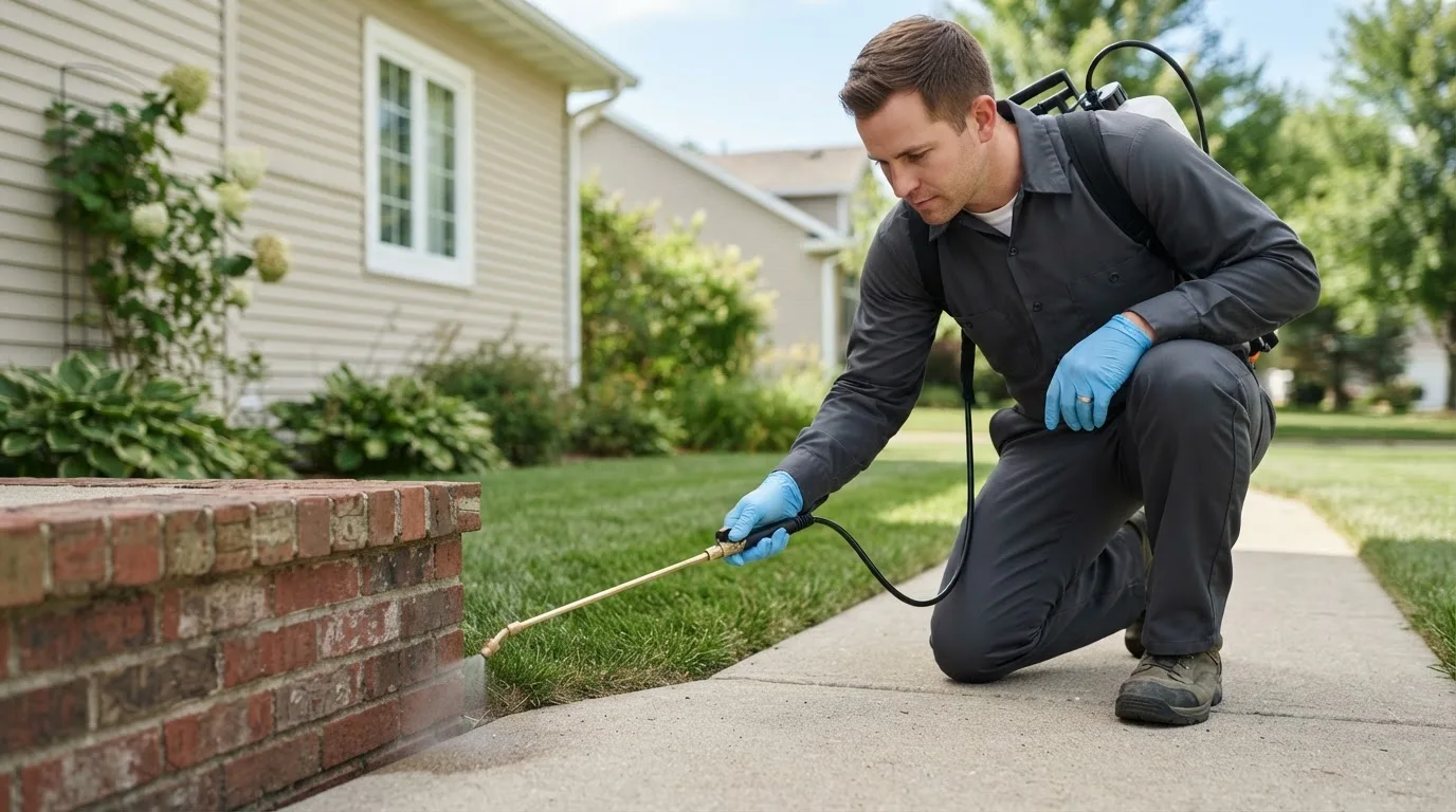 Pest control technician treating a home near Vanndale, AR